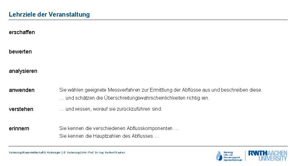 Lehrziele der Veranstaltung erschaffen bewerten analysieren anwenden Sie wählen geeignete Messverfahren zur Ermittlung der