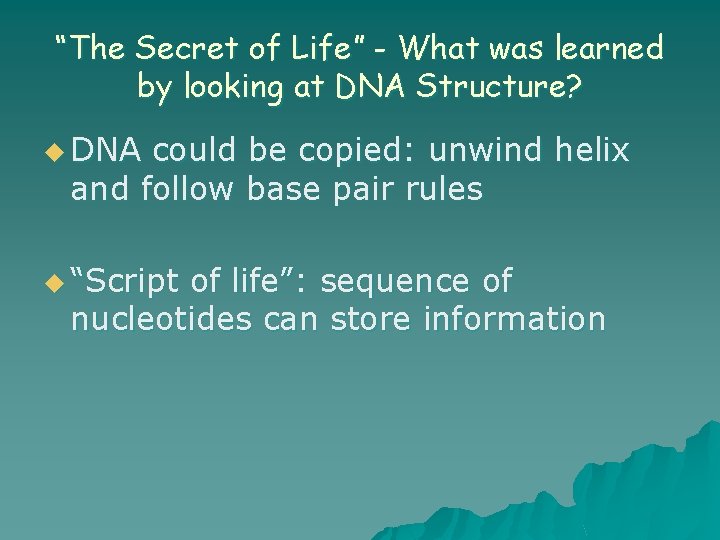 “The Secret of Life” - What was learned by looking at DNA Structure? u
