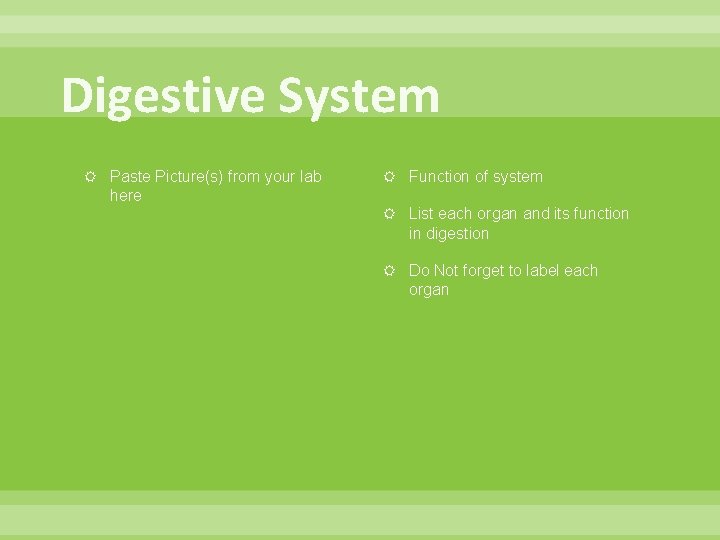 Digestive System Paste Picture(s) from your lab here Function of system List each organ