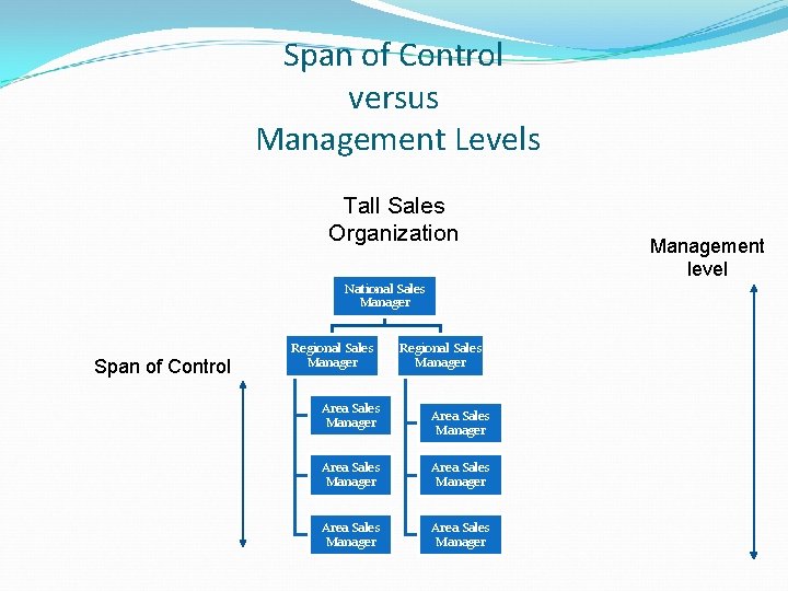 Span of Control versus Management Levels Tall Sales Organization National Sales Manager Span of