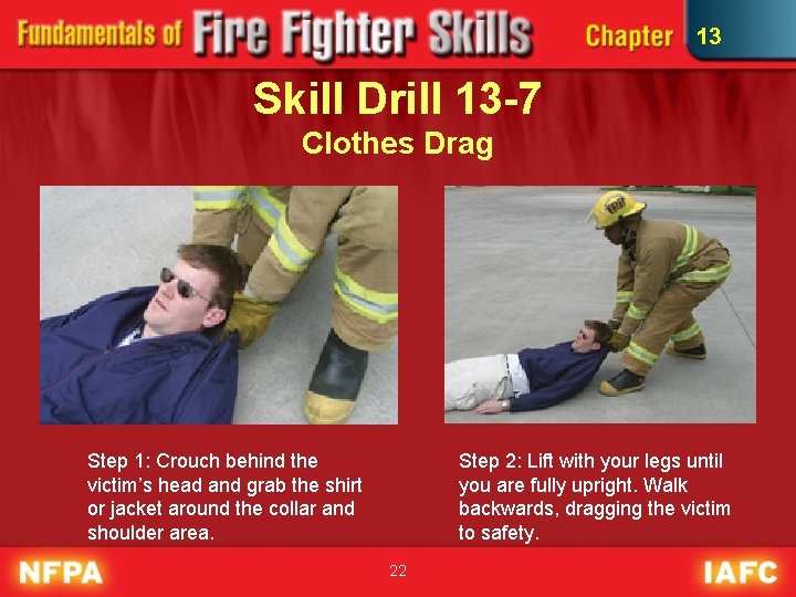 13 Skill Drill 13 -7 Clothes Drag Step 1: Crouch behind the victim’s head