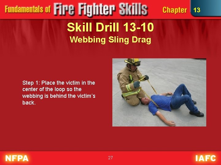 13 Skill Drill 13 -10 Webbing Sling Drag Step 1: Place the victim in