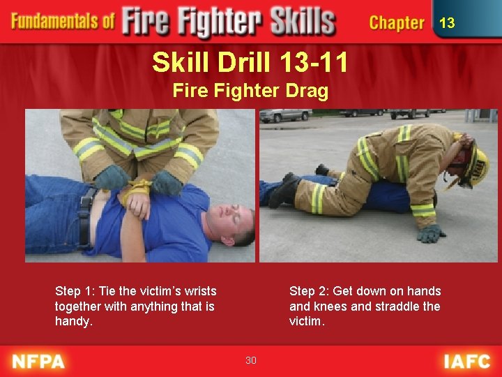 13 Skill Drill 13 -11 Fire Fighter Drag Step 1: Tie the victim’s wrists