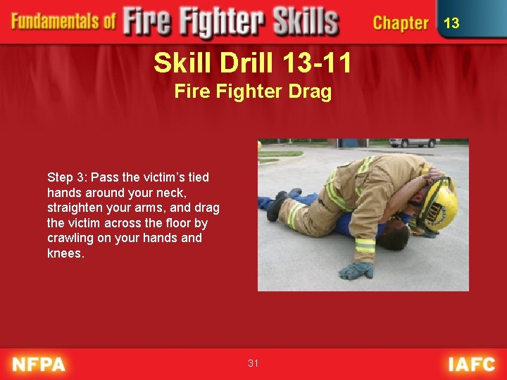 13 Skill Drill 13 -11 Fire Fighter Drag Step 3: Pass the victim’s tied