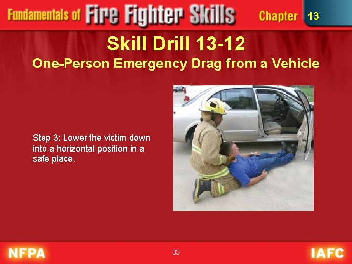 13 Skill Drill 13 -12 One-Person Emergency Drag from a Vehicle Step 3: Lower