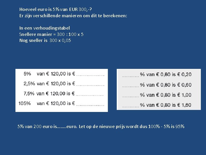 Hoeveel euro is 5% van EUR 300, -? Er zijn verschillende manieren om dit