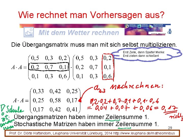 Wie rechnet man Vorhersagen aus? Die Übergangsmatrix muss man mit sich selbst multiplizieren. Erst