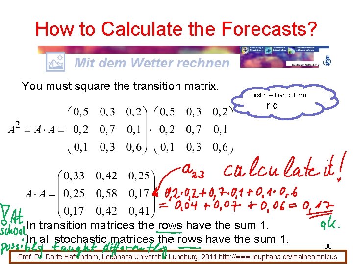 How to Calculate the Forecasts? You must square the transition matrix. First row than