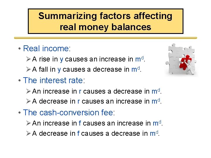 Summarizing factors affecting real money balances • Real income: income Ø A rise in