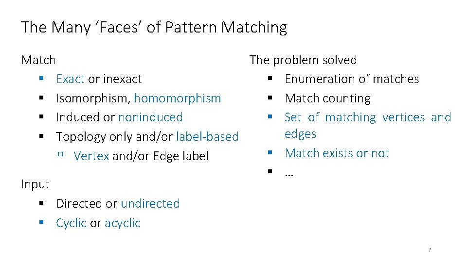 The Many ‘Faces’ of Pattern Matching Match The problem solved § Exact or inexact