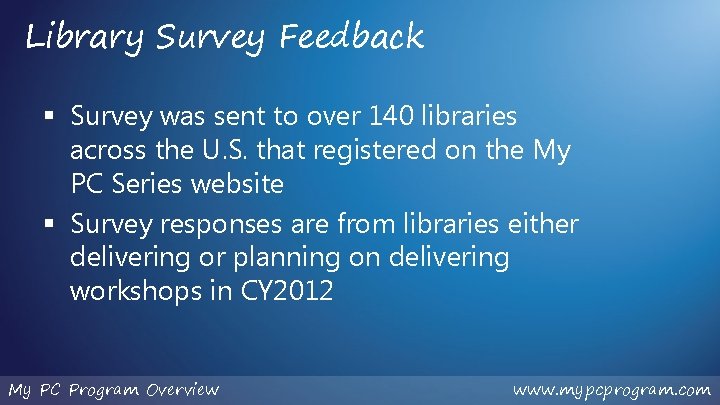 Library Survey Feedback § Survey was sent to over 140 libraries across the U.