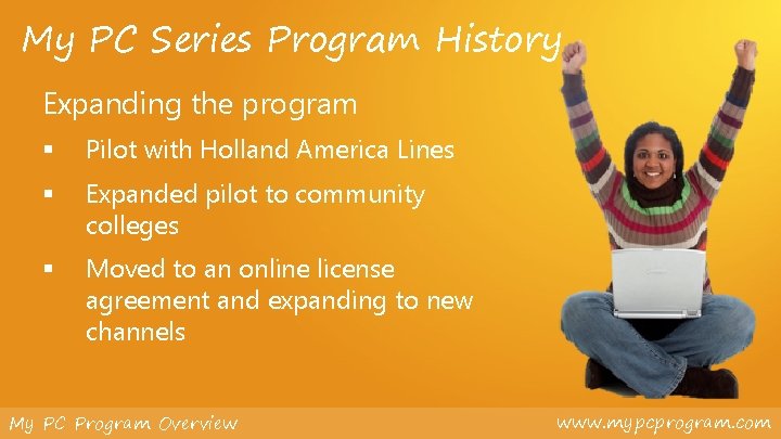 My PC Series Program History Expanding the program § Pilot with Holland America Lines