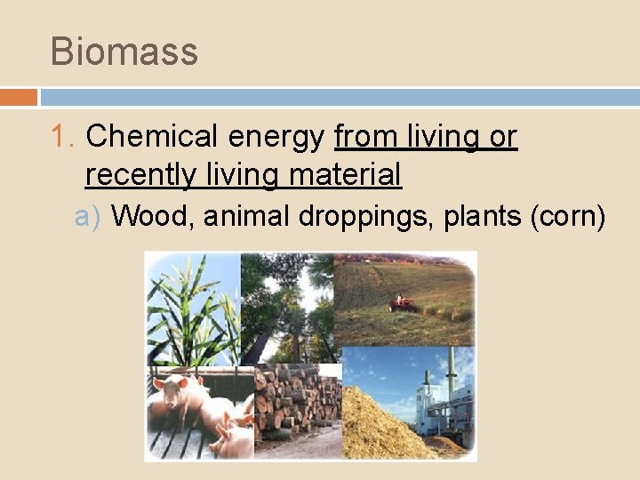 Biomass 1. Chemical energy from living or recently living material a) Wood, animal droppings,