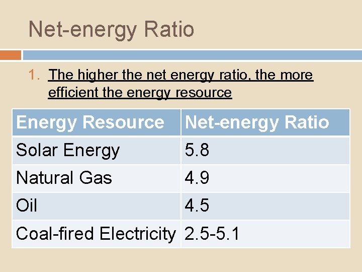 Net-energy Ratio 1. The higher the net energy ratio, the more efficient the energy