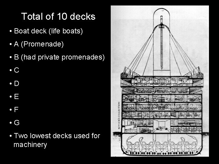 Total of 10 decks • Boat deck (life boats) • A (Promenade) • B