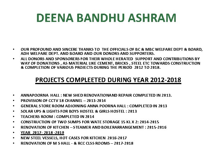 DEENA BANDHU ASHRAM • • OUR PROFOUND AND SINCERE THANKS TO THE OFFICIALS OF