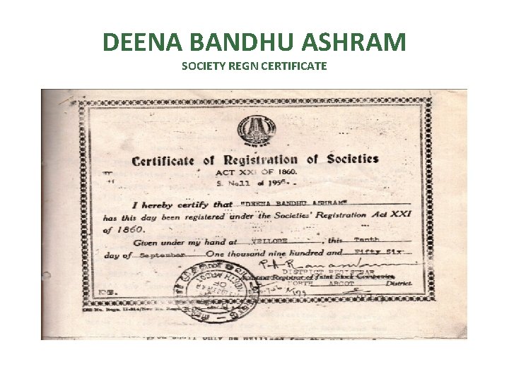 DEENA BANDHU ASHRAM SOCIETY REGN CERTIFICATE 