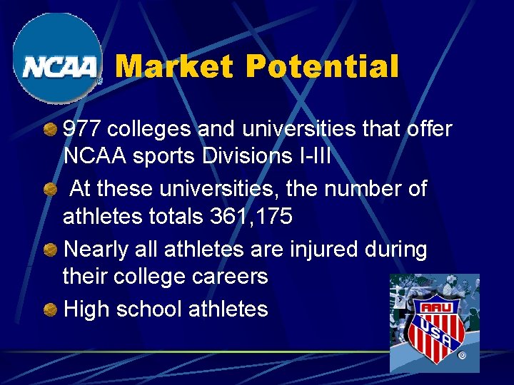 Market Potential 977 colleges and universities that offer NCAA sports Divisions I-III At these