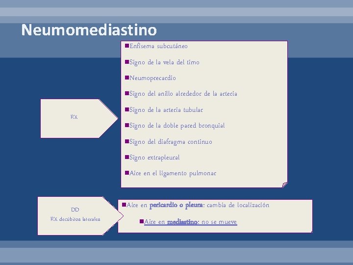 Neumomediastino n. Enfisema n. Signo subcutáneo de la vela del timo n. Neumoprecardio RX