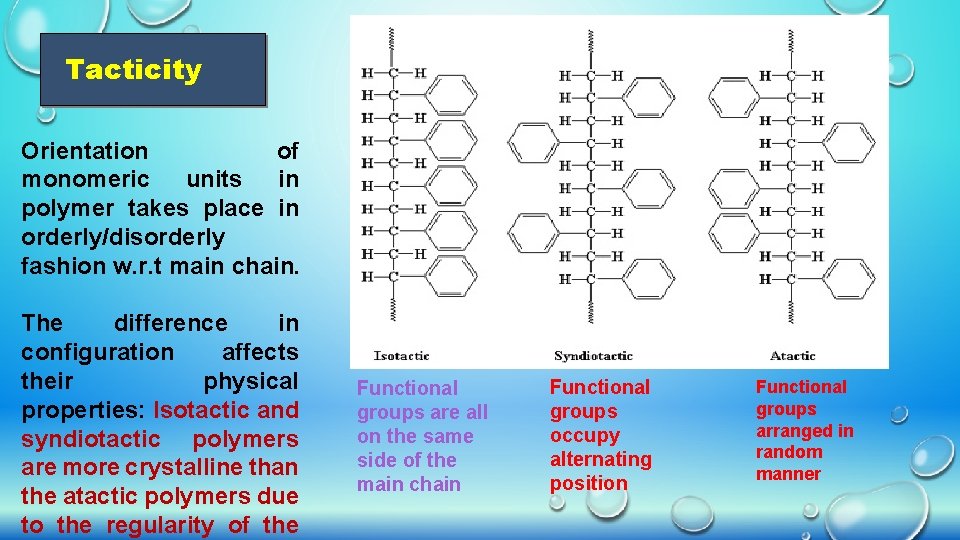 Tacticity Orientation of monomeric units in polymer takes place in orderly/disorderly fashion w. r.