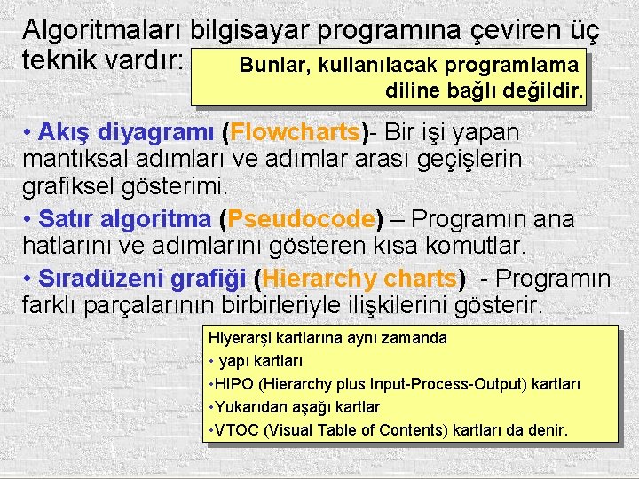 Algoritmaları bilgisayar programına çeviren üç teknik vardır: Bunlar, kullanılacak programlama diline bağlı değildir. •
