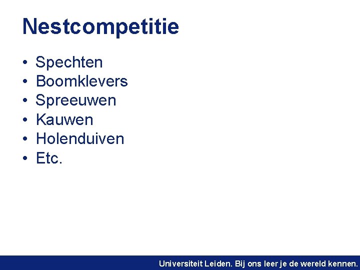 Nestcompetitie • • • Spechten Boomklevers Spreeuwen Kauwen Holenduiven Etc. Universiteit Leiden. Bij ons