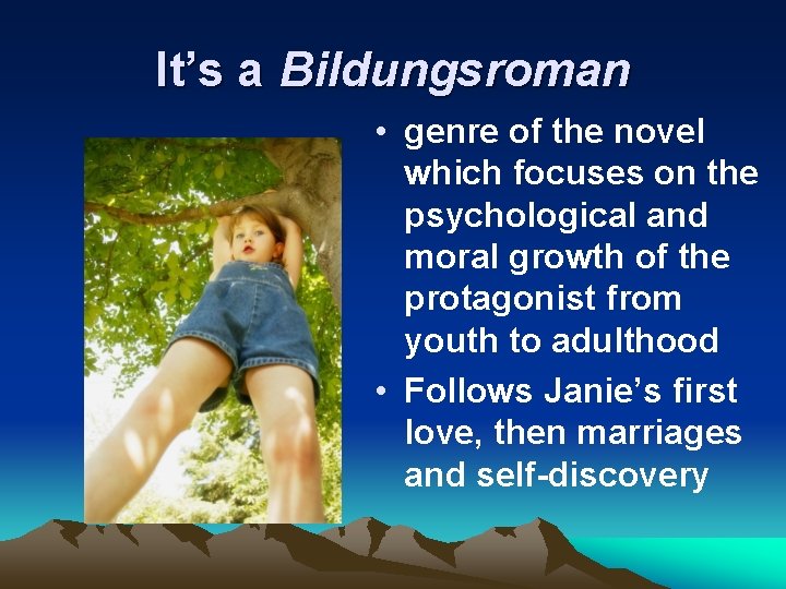 It’s a Bildungsroman • genre of the novel which focuses on the psychological and