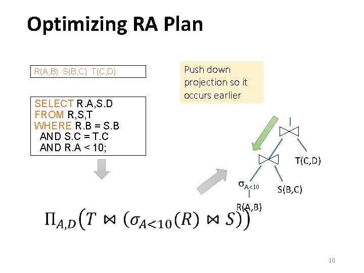 Optimizing RA Plan R(A, B) S(B, C) T(C, D) SELECT R. A, S. D Optimizing RA Plan R(A, B) S(B, C) T(C, D) SELECT R. A, S. D