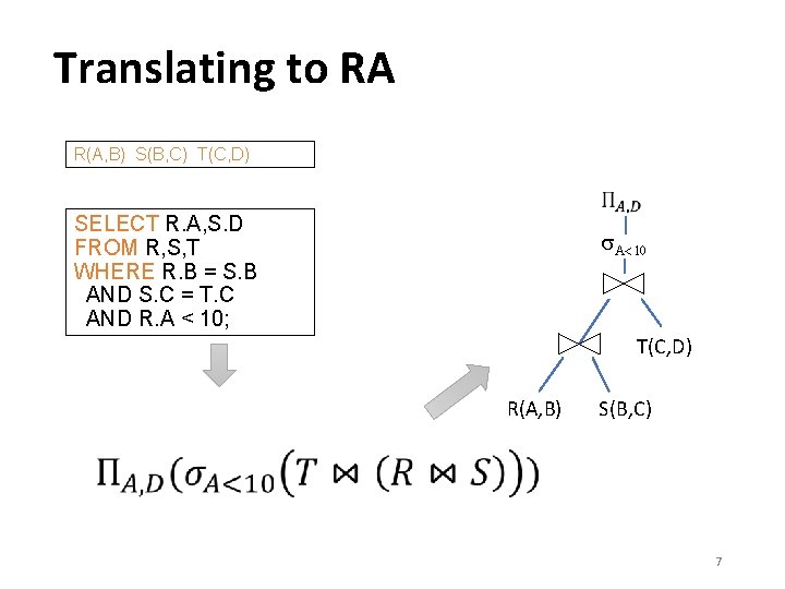 Translating to RA R(A, B) S(B, C) T(C, D) SELECT R. A, S. D
