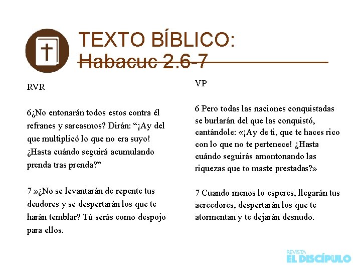 TEXTO BÍBLICO: Habacuc 2. 6 -7 RVR VP 6¿No entonarán todos estos contra él