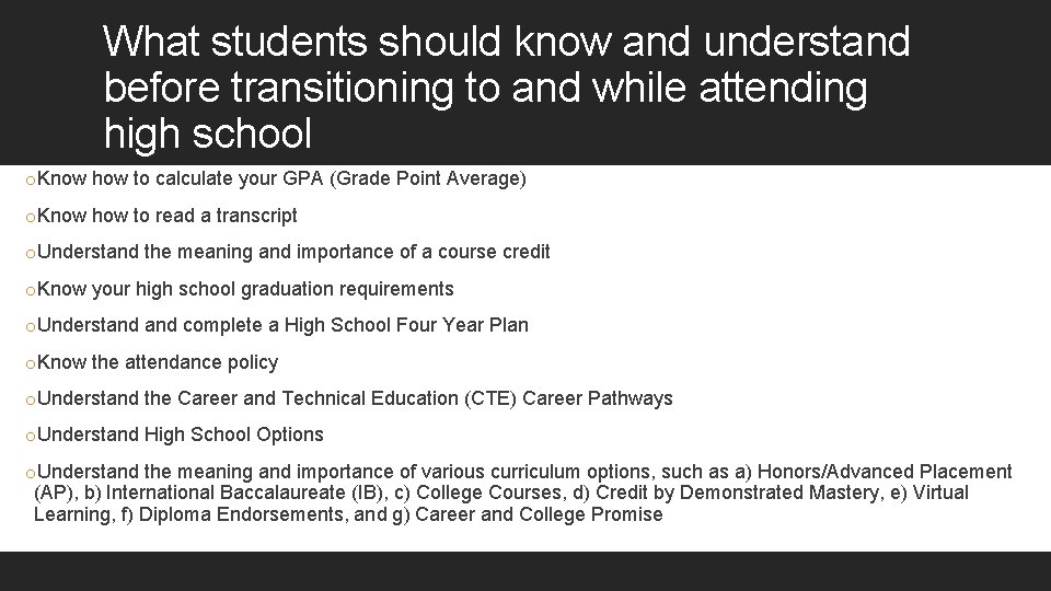 What students should know and understand before transitioning to and while attending high school