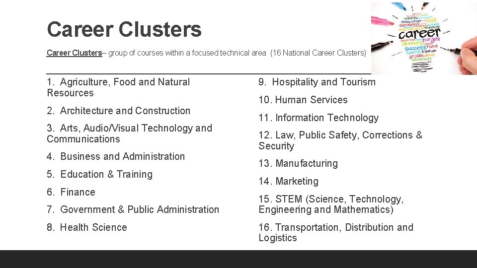 Career Clusters– group of courses within a focused technical area (16 National Career Clusters)