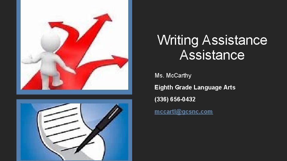 Writing Assistance Ms. Mc. Carthy Eighth Grade Language Arts (336) 656 -0432 mccartl@gcsnc. com