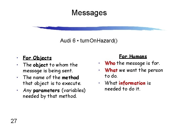 Messages Audi 6 • turn. On. Hazard() • For Objects • The object to