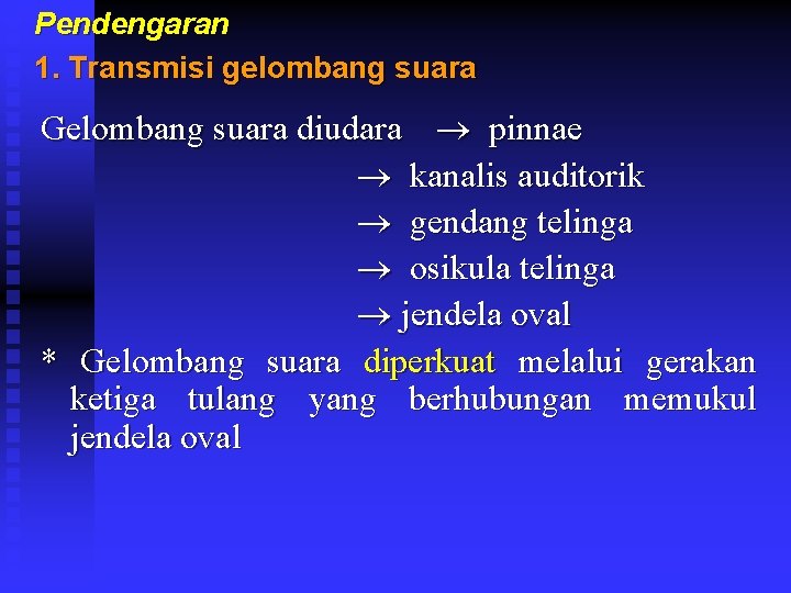 Pendengaran 1. Transmisi gelombang suara Gelombang suara diudara pinnae kanalis auditorik gendang telinga osikula