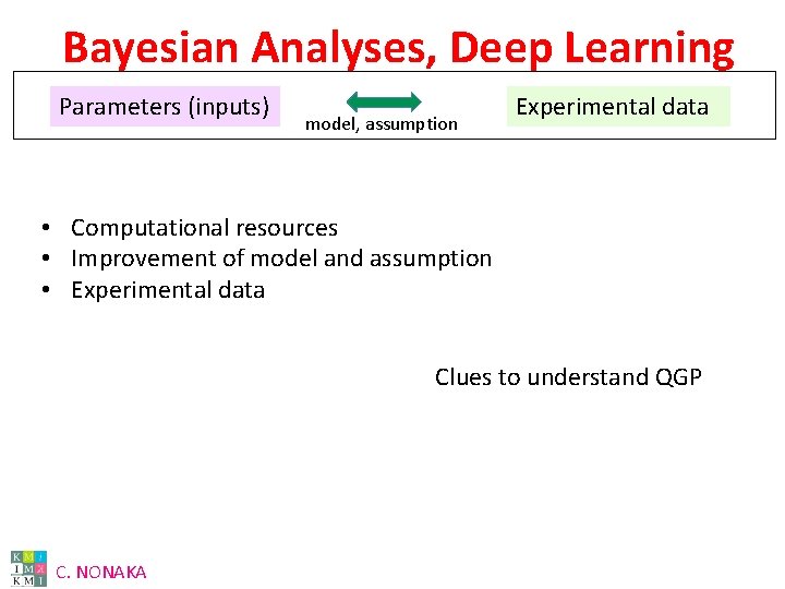 Bayesian Analyses, Deep Learning Parameters (inputs) model, assumption Experimental data • Computational resources •