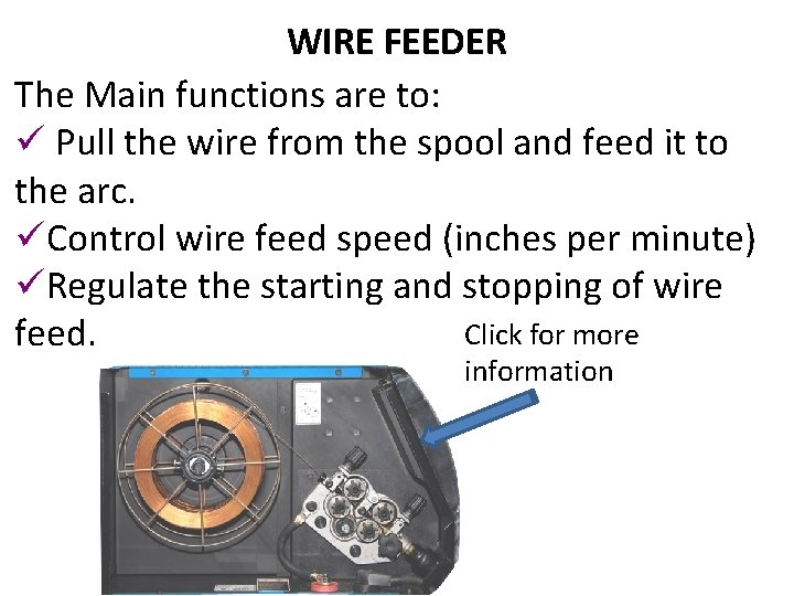 WIRE FEEDER The Main functions are to: ü Pull the wire from the spool