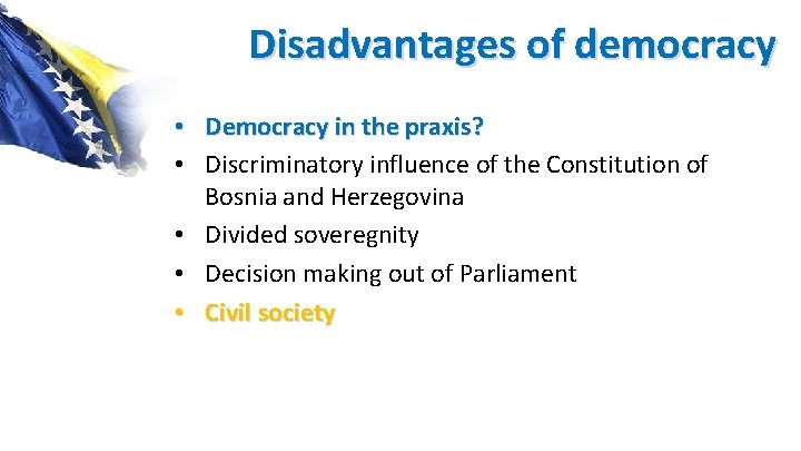 Disadvantages of democracy • Democracy in the praxis? • Discriminatory influence of the Constitution