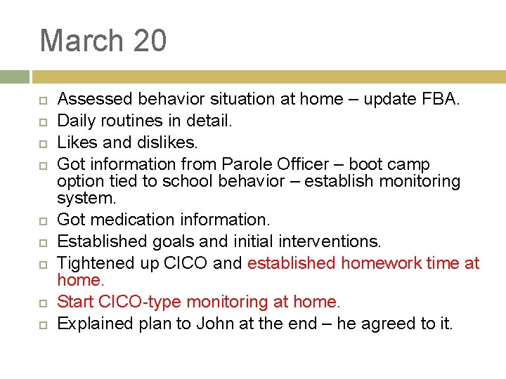 March 20 Assessed behavior situation at home – update FBA. Daily routines in detail. March 20 Assessed behavior situation at home – update FBA. Daily routines in detail.
