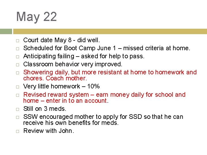 May 22 Court date May 8 - did well. Scheduled for Boot Camp June May 22 Court date May 8 - did well. Scheduled for Boot Camp June