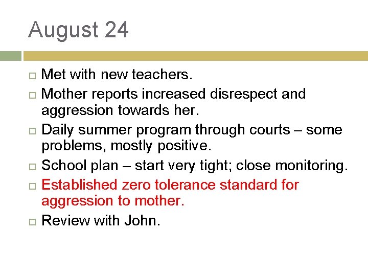 August 24 Met with new teachers. Mother reports increased disrespect and aggression towards her. August 24 Met with new teachers. Mother reports increased disrespect and aggression towards her.