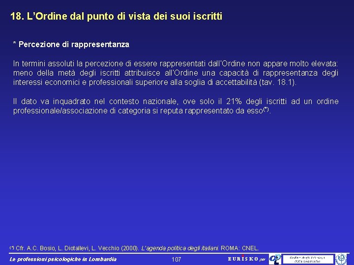 18. L’Ordine dal punto di vista dei suoi iscritti * Percezione di rappresentanza In