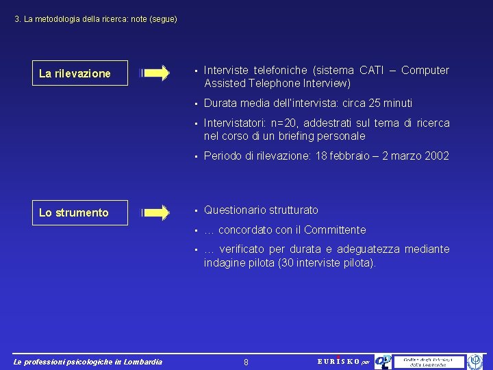 3. La metodologia della ricerca: note (segue) La rilevazione Lo strumento Le professioni psicologiche