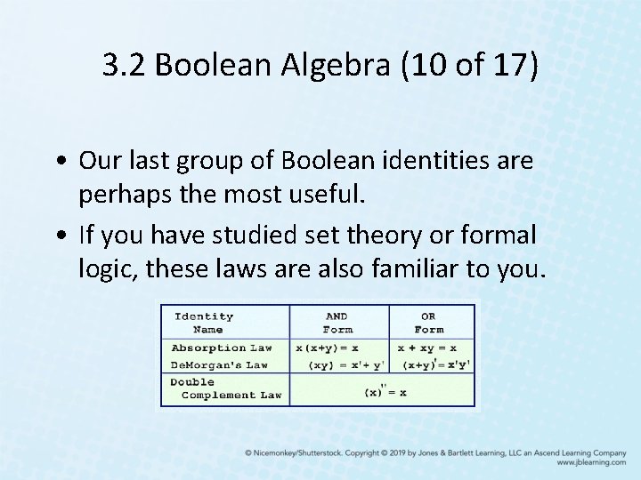 3. 2 Boolean Algebra (10 of 17) • Our last group of Boolean identities 3. 2 Boolean Algebra (10 of 17) • Our last group of Boolean identities