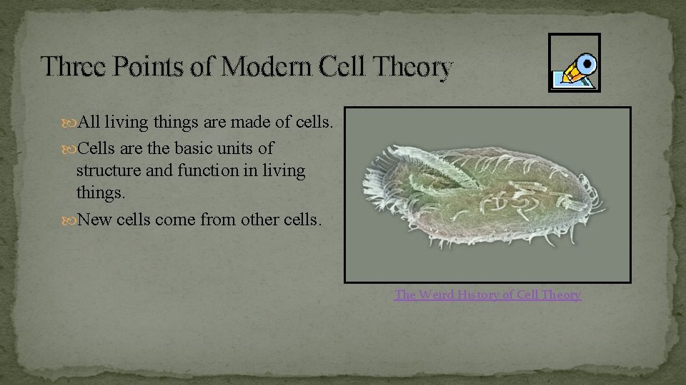Three Points of Modern Cell Theory All living things are made of cells. Cells