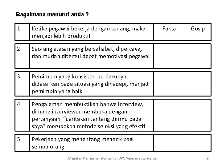 Bagaimana menurut anda ? 1. Ketika pegawai bekerja dengan senang, maka menjadi lebih produktif