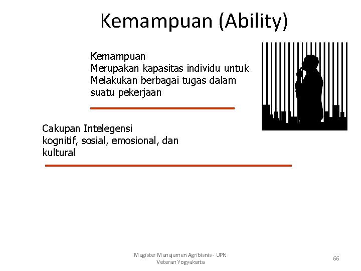 Kemampuan (Ability) Kemampuan Merupakan kapasitas individu untuk Melakukan berbagai tugas dalam suatu pekerjaan Cakupan