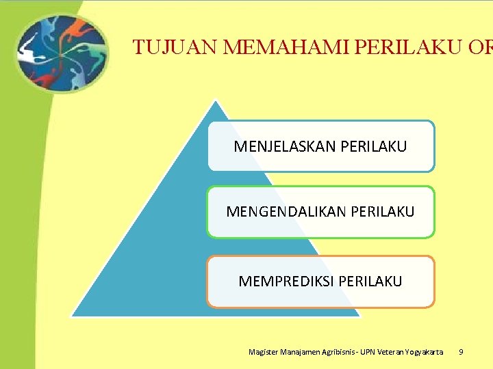 TUJUAN MEMAHAMI PERILAKU OR MENJELASKAN PERILAKU MENGENDALIKAN PERILAKU MEMPREDIKSI PERILAKU Magister Manajamen Agribisnis -