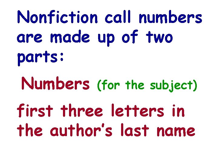 Nonfiction call numbers are made up of two parts: Numbers (for the subject) first