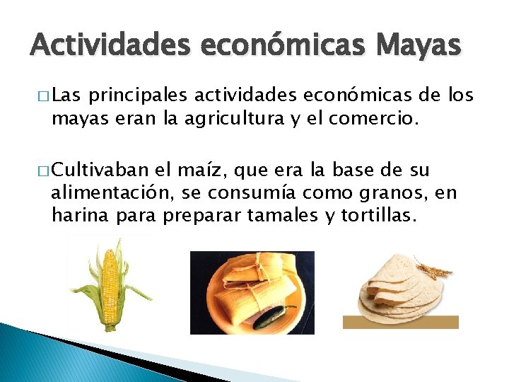 Actividades económicas Mayas � Las principales actividades económicas de los mayas eran la agricultura